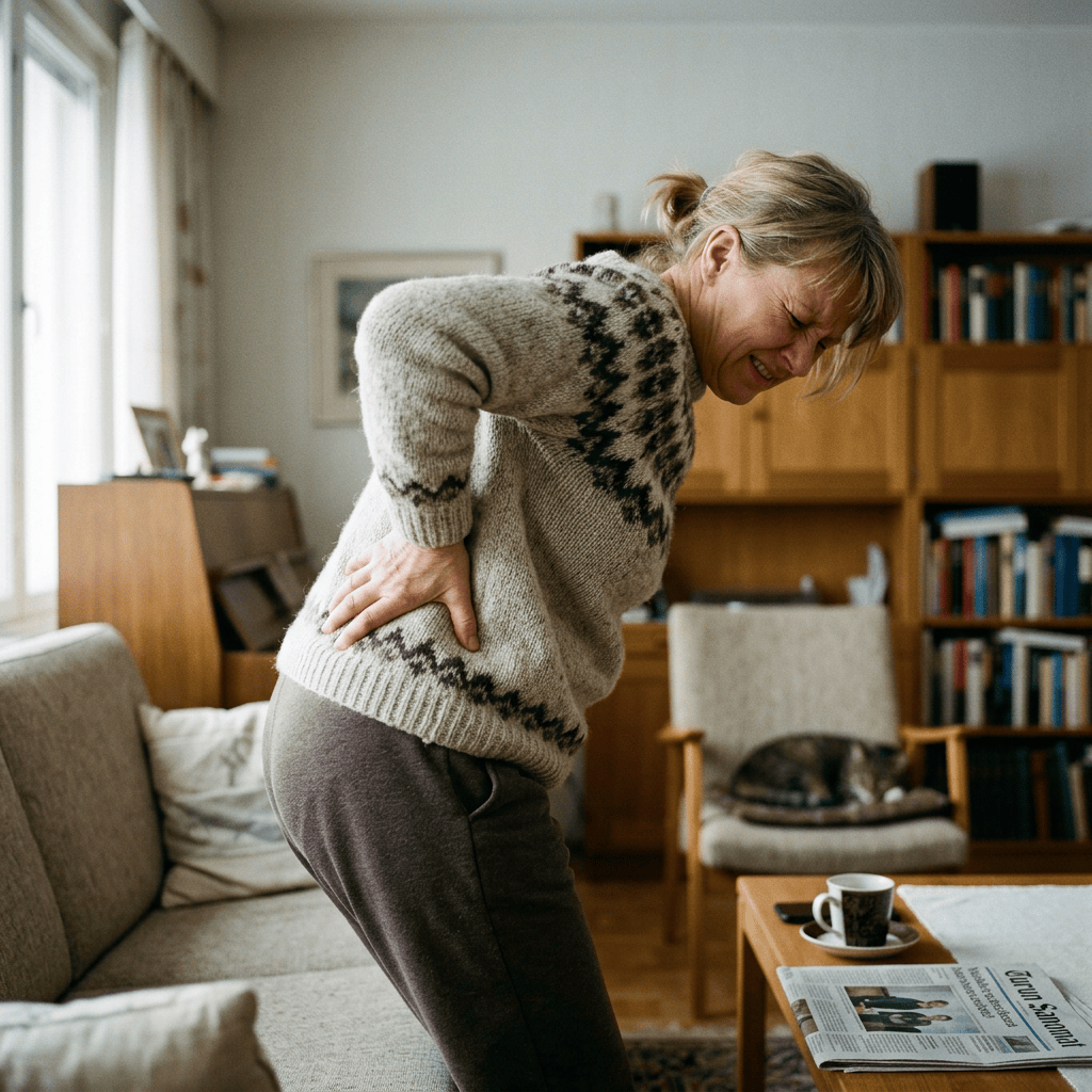 Woman holding her lower back in pain inside a living room